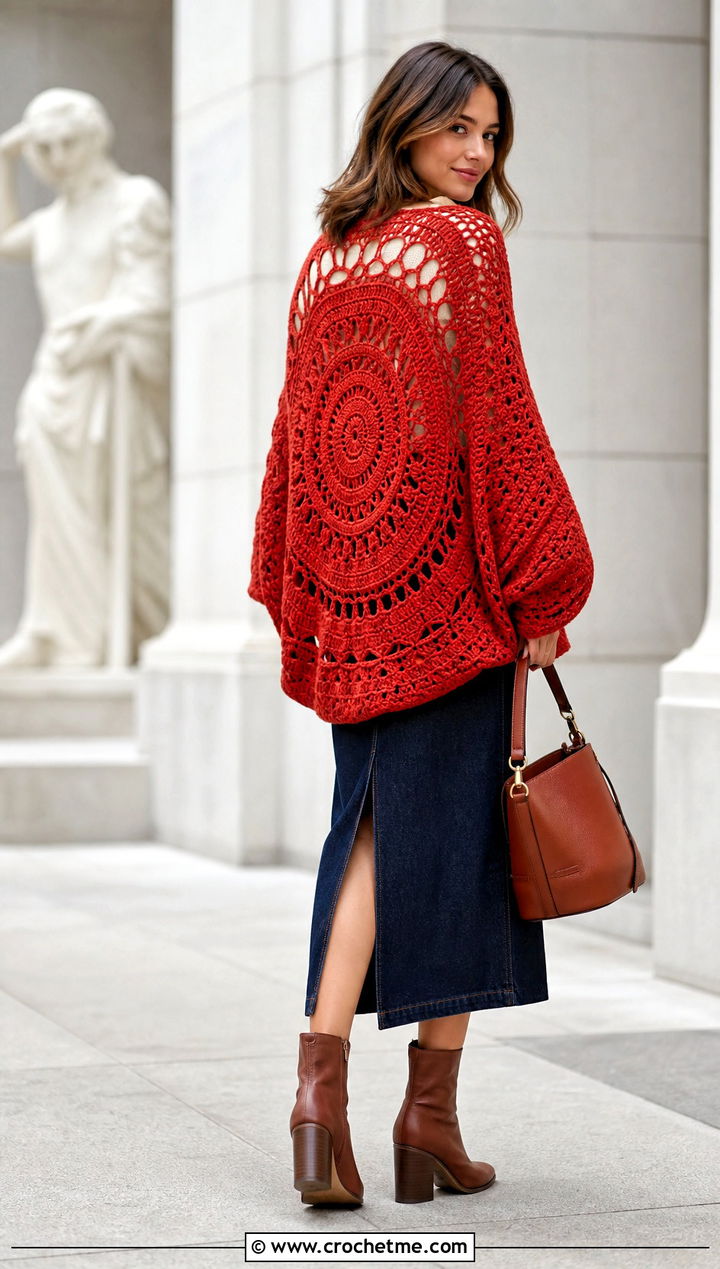 Mandala Crochet Cocoon Shrug With Denim Midi Skirt - 25 Easy Crochet Cocoon Shrug outfit ideas