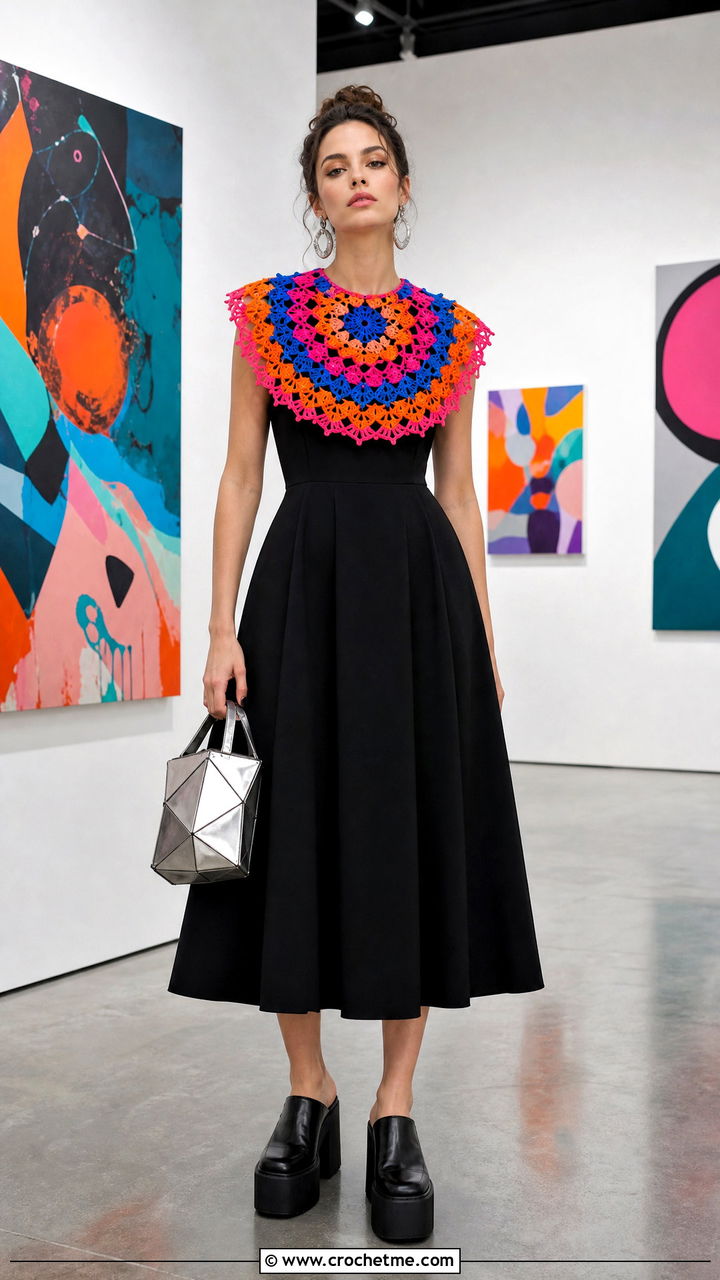 Mandala Crochet Collar With Black Dress And Platform Shoes - 35 crochet collar outfit ideas
