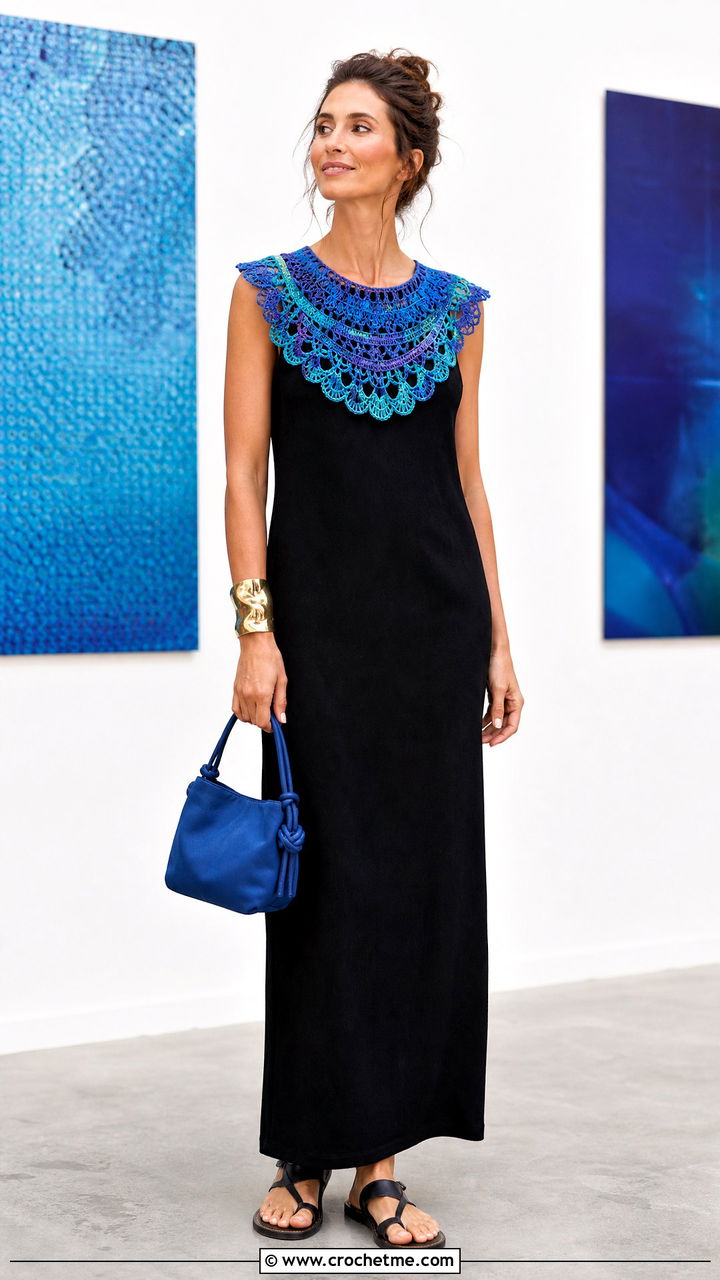 Mandala Crochet Collar With Black Maxi Dress - 35 crochet collars outfit ideas