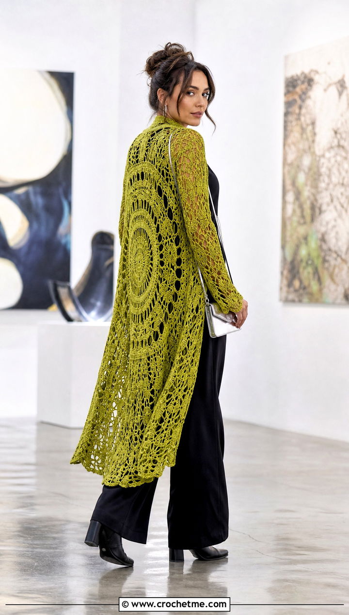 Mandala Crochet Duster Jacket With Monochrome Separates - 20 Crochet Sweater Jacket outfit ideas
