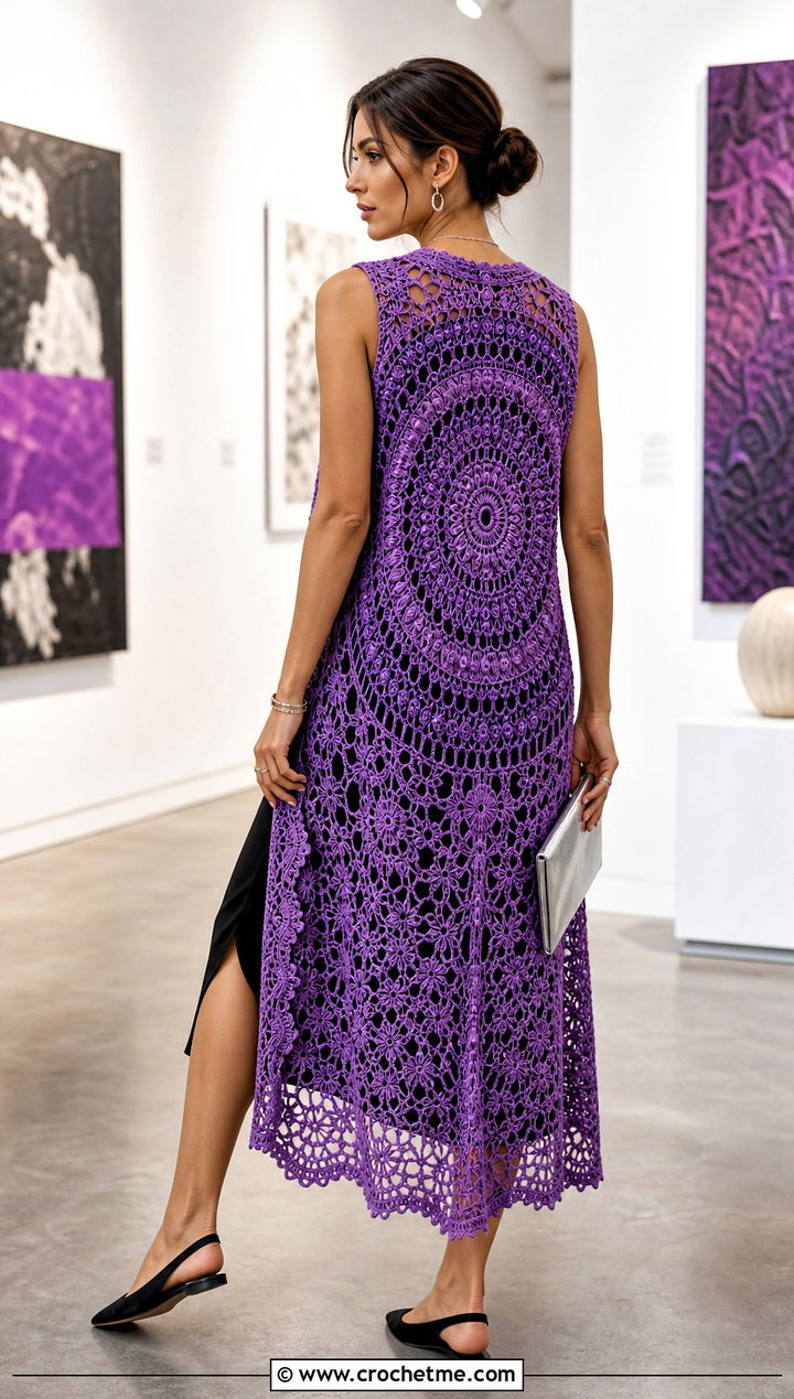 Mandala Crochet Duster Vest With Black Slip Dress - 20 crochet duster vest outfit ideas