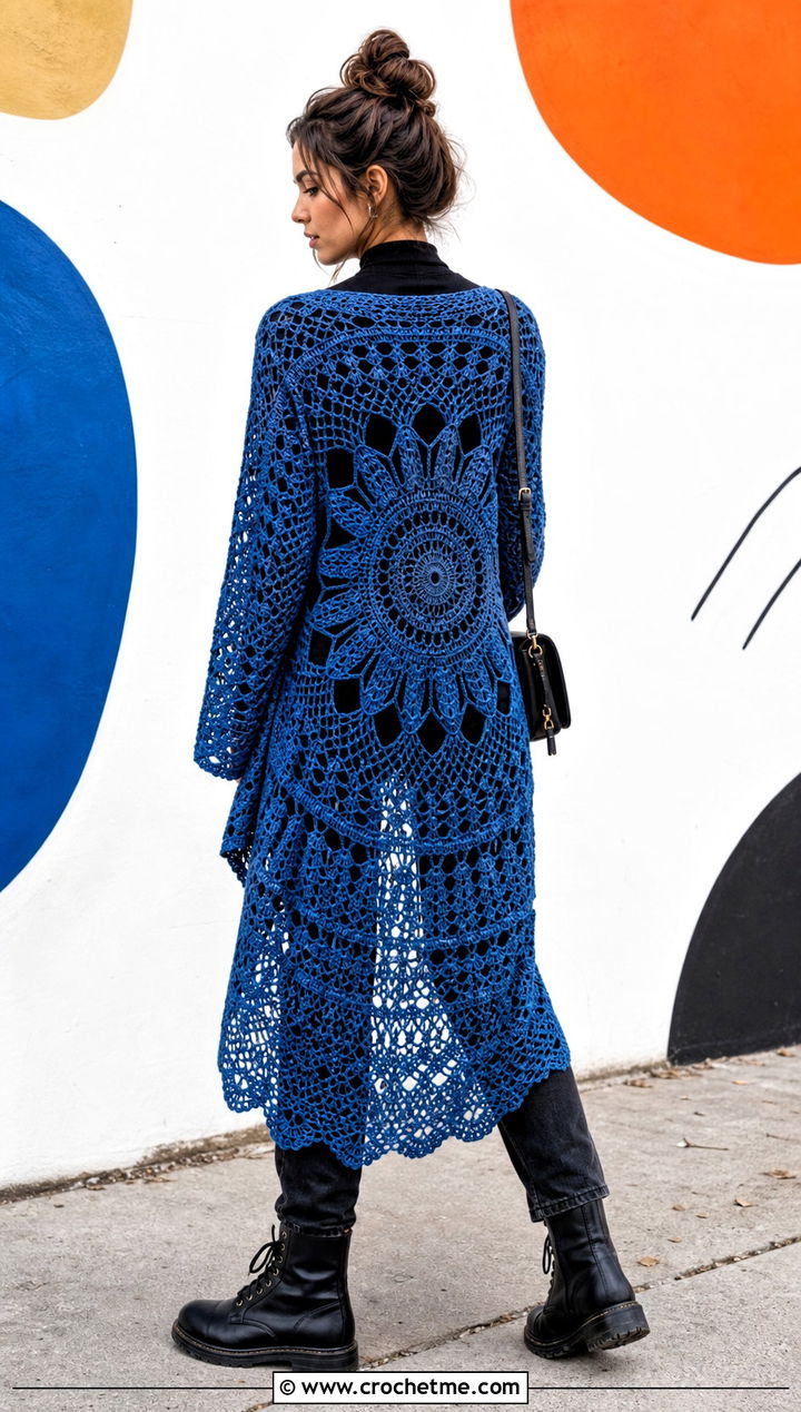 Mandala Crochet Duster With Black Jeans And Combat Boots - 25 crochet duster outfit ideas