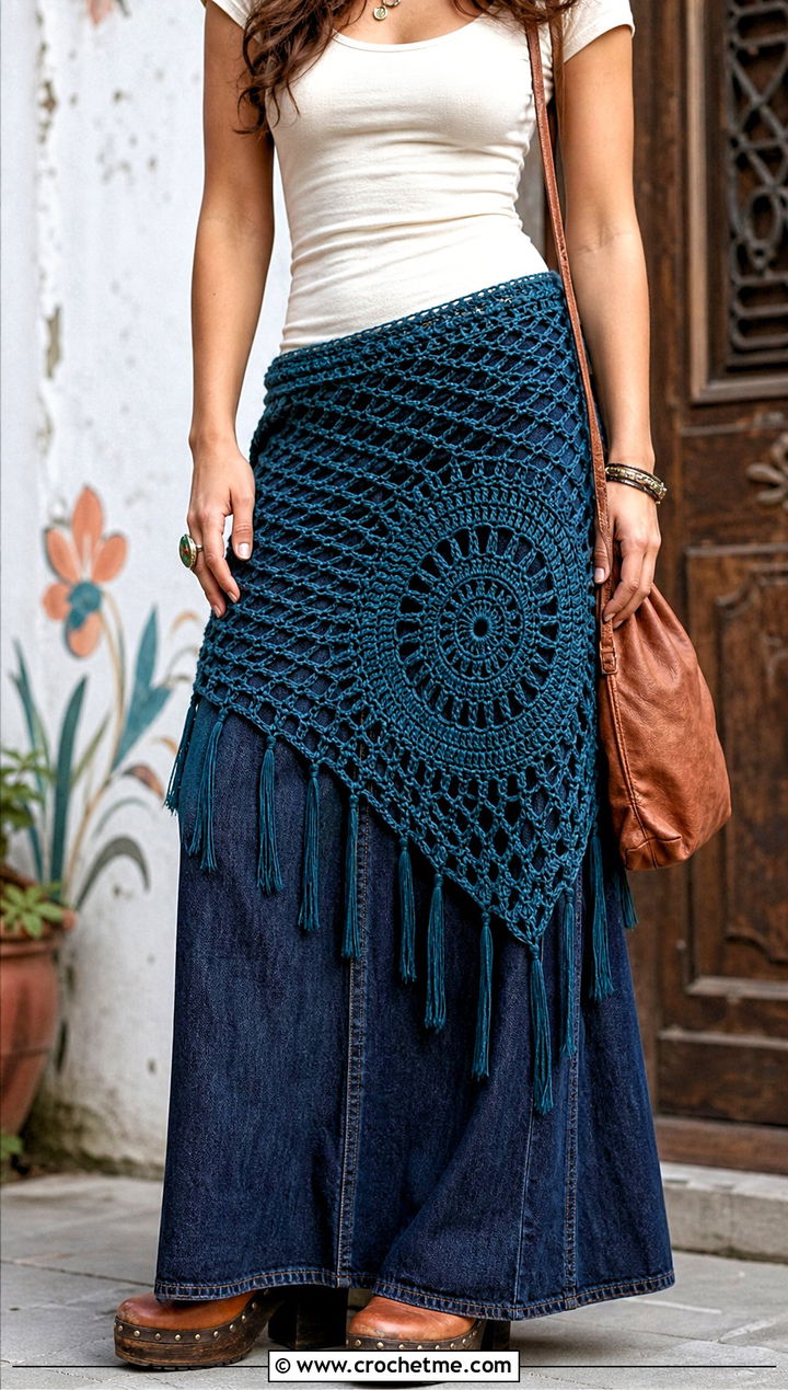 Mandala Crochet Hip Scarf With Denim Maxi Skirt - 30 Crochet Hip Scarf outfit ideas