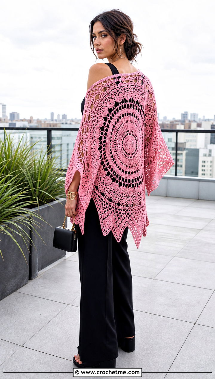 Mandala Crochet Kimono With Black Jumpsuit And Platform Sandals - 30 Boho Crochet Kimono outfit ideas
