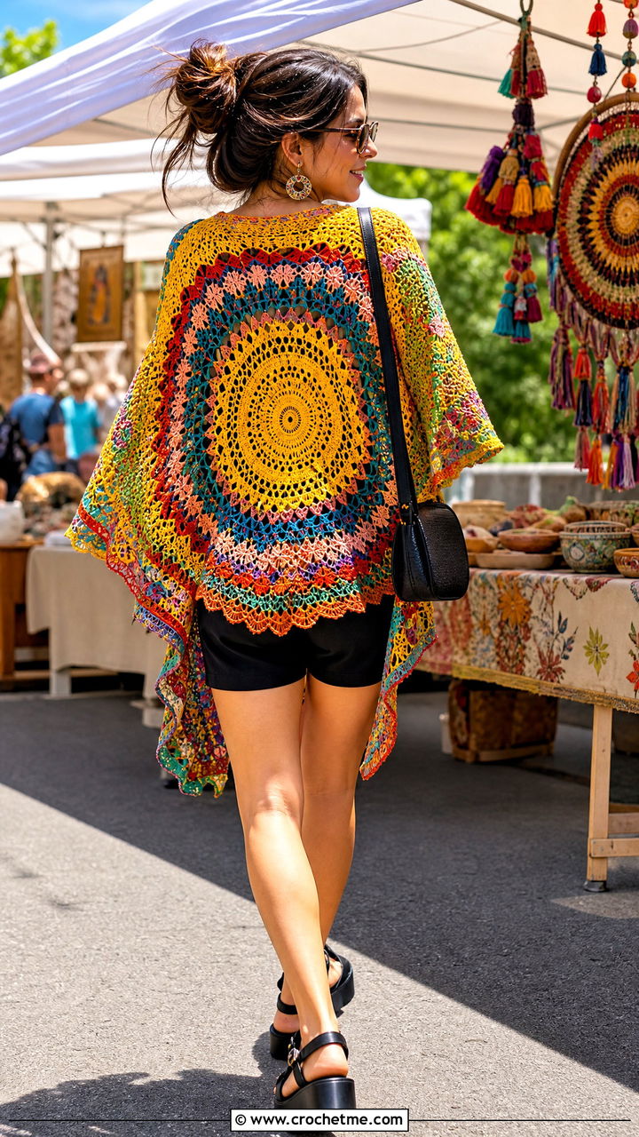 Mandala Crochet Kimono With Black Shorts - 35 crochet kimono outfit ideas