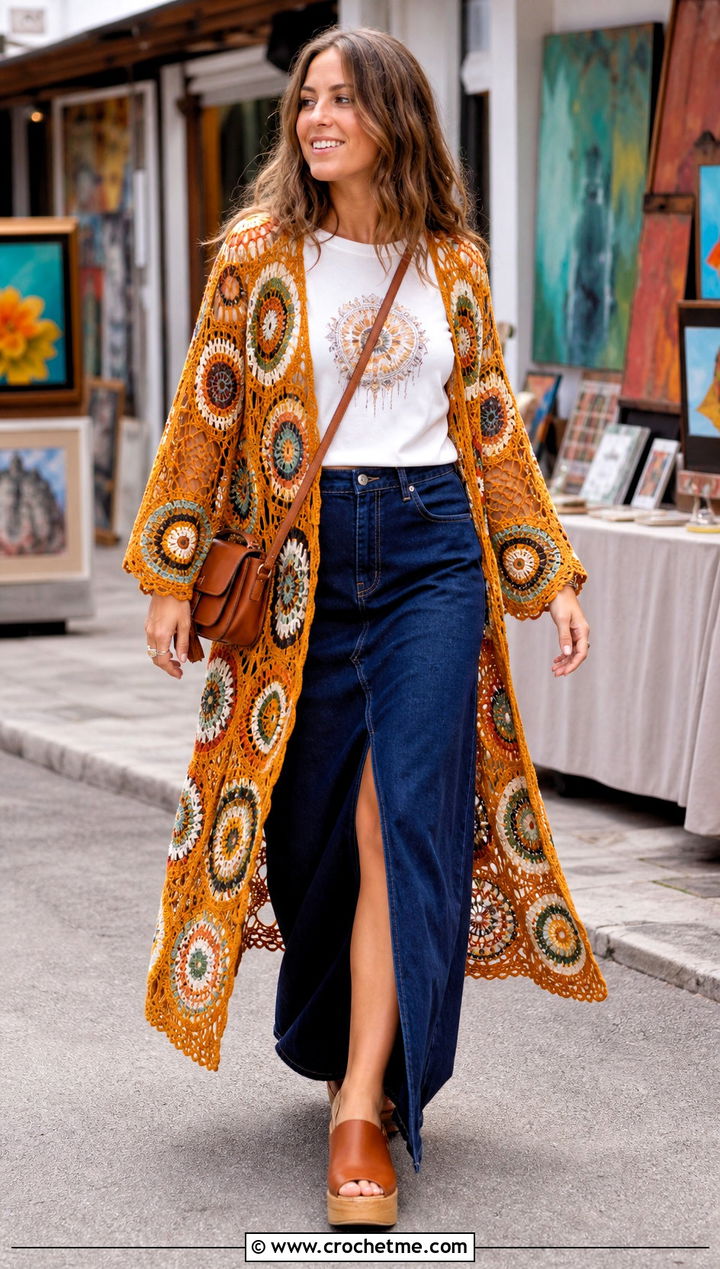 Mandala Crochet Lace Kimono With Denim Maxi Skirt - 25 crochet lace kimono outfit ideas