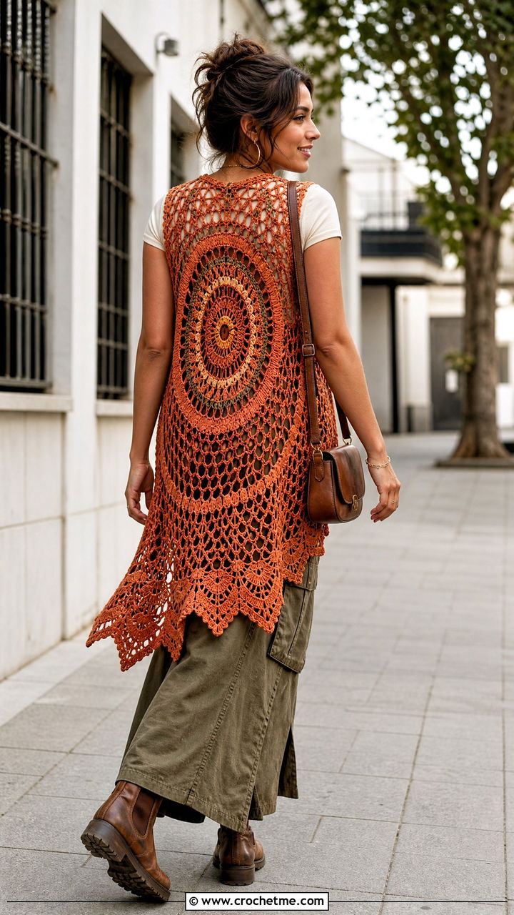 Mandala Crochet Long Vest With Cargo Maxi Skirt - 35 Crochet Long Vest outfit ideas