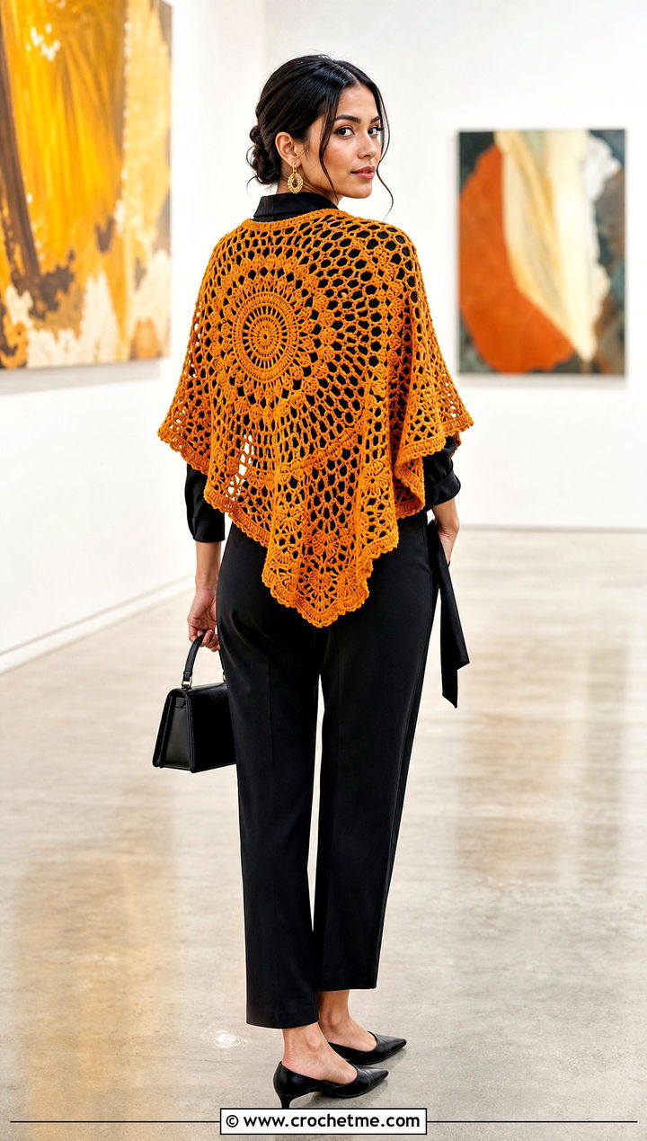 Mandala Crochet Poncho With Black Jumpsuit - 25 ladies crochet poncho outfit ideas