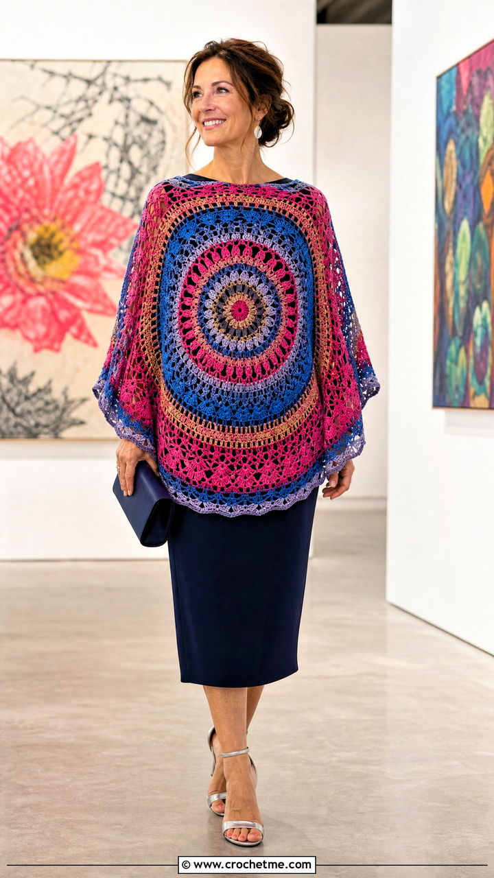 Mandala Crochet Poncho With Column Dress - 35 easy crochet poncho woman outfit ideas