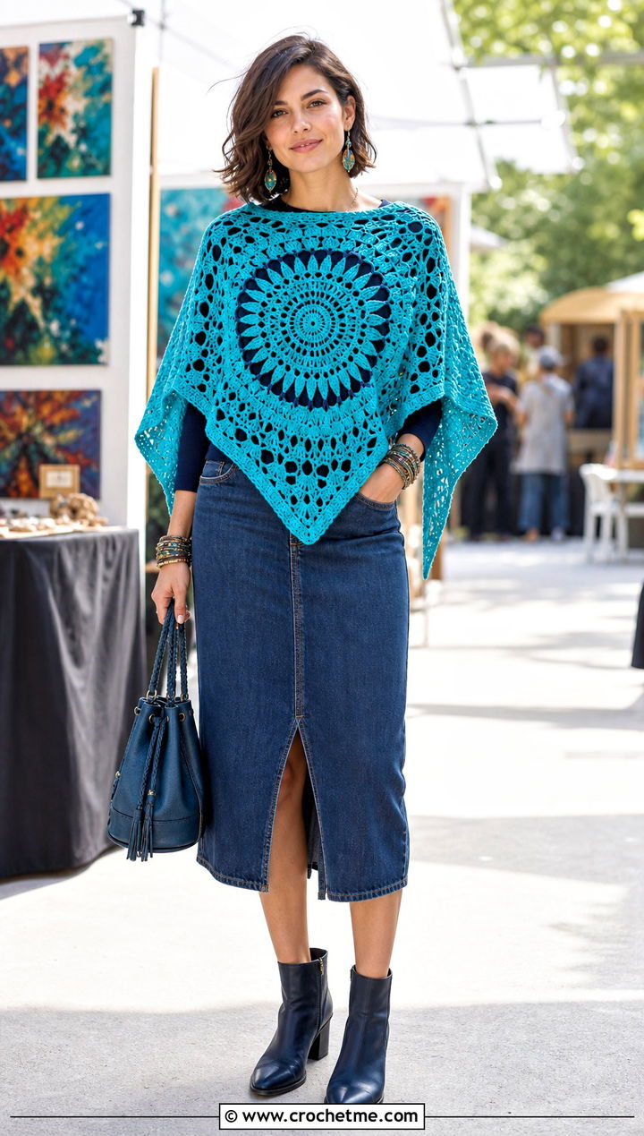 Mandala Crochet Poncho With Denim Midi Skirt - 20 crochet poncho for women outfit ideas