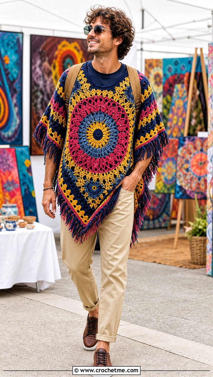 Mandala Crochet Poncho With Twill Pants - 25 mens crochet poncho outfit ideas
