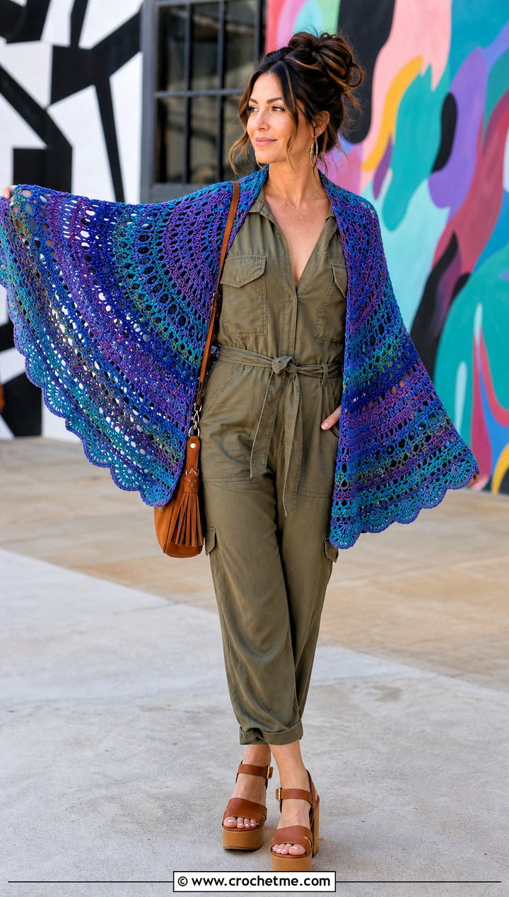 Mandala Crochet Semi Circle Shawl With Utility Jumpsuit - 25 Crochet Semi Circle Shawl outfit ideas