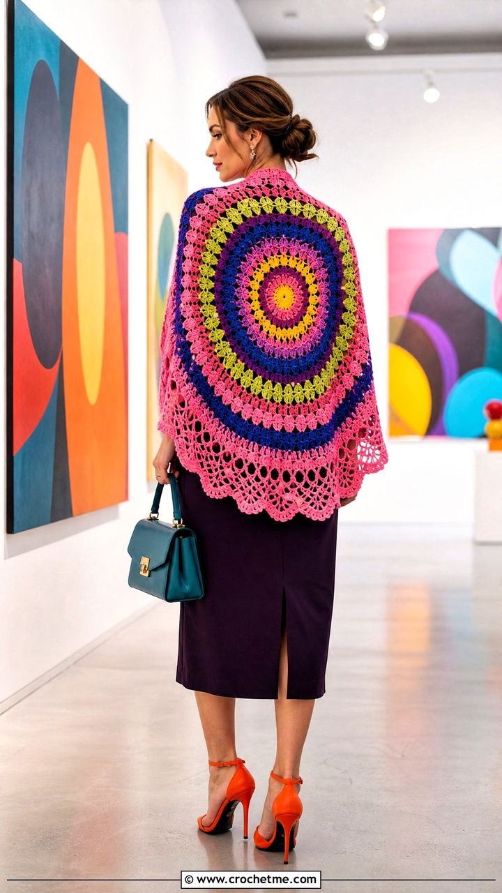 Mandala Crochet Shawl With A Simple Black Dress - 35 crochet shawl outfit ideas