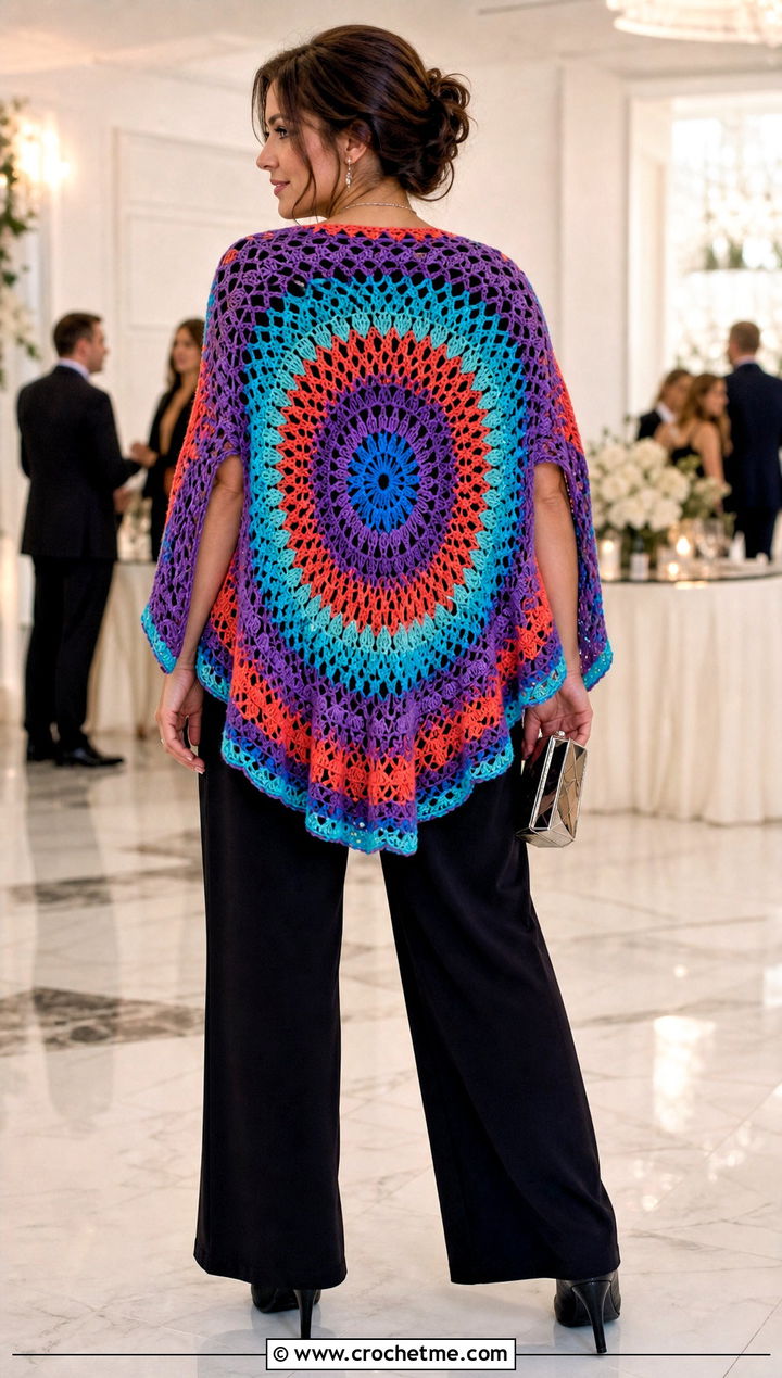 Mandala Crochet Shawl With Arm Holes And Black Jumpsuit - 30 crochet shawl with arm holes outfit ideas