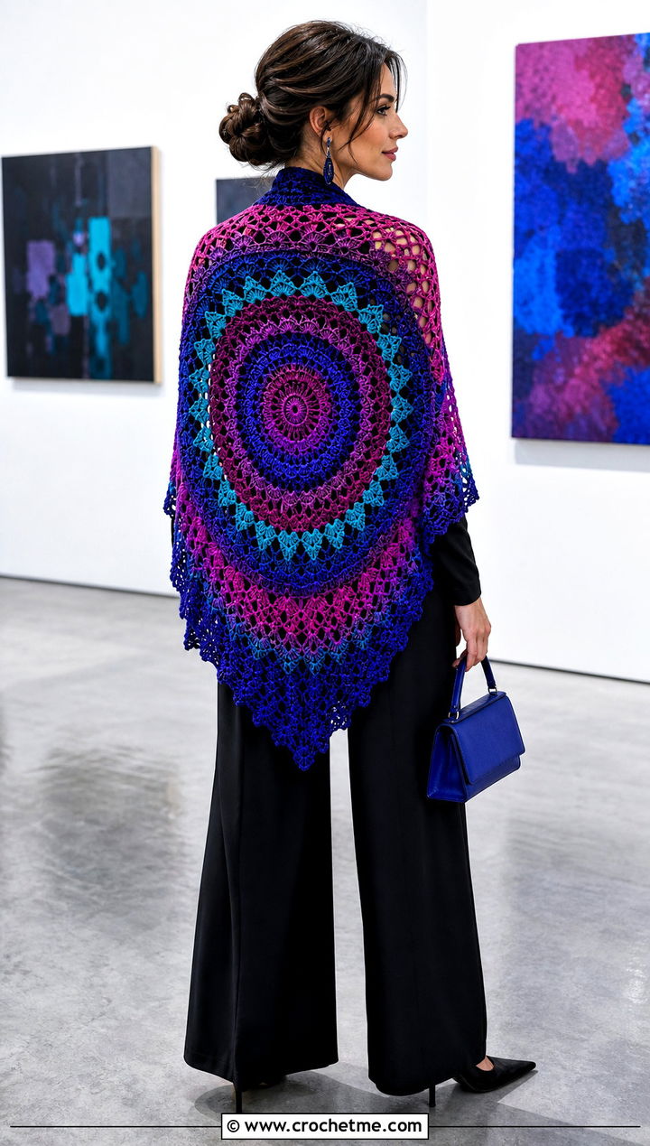 Mandala Crochet Shawl With Black Separates - 20 Elegant Crochet Shawl outfit ideas