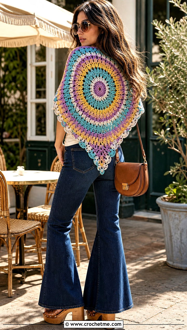 Mandala Crochet Shawl With Flared Jeans - 30 summer crochet shawl outfit ideas