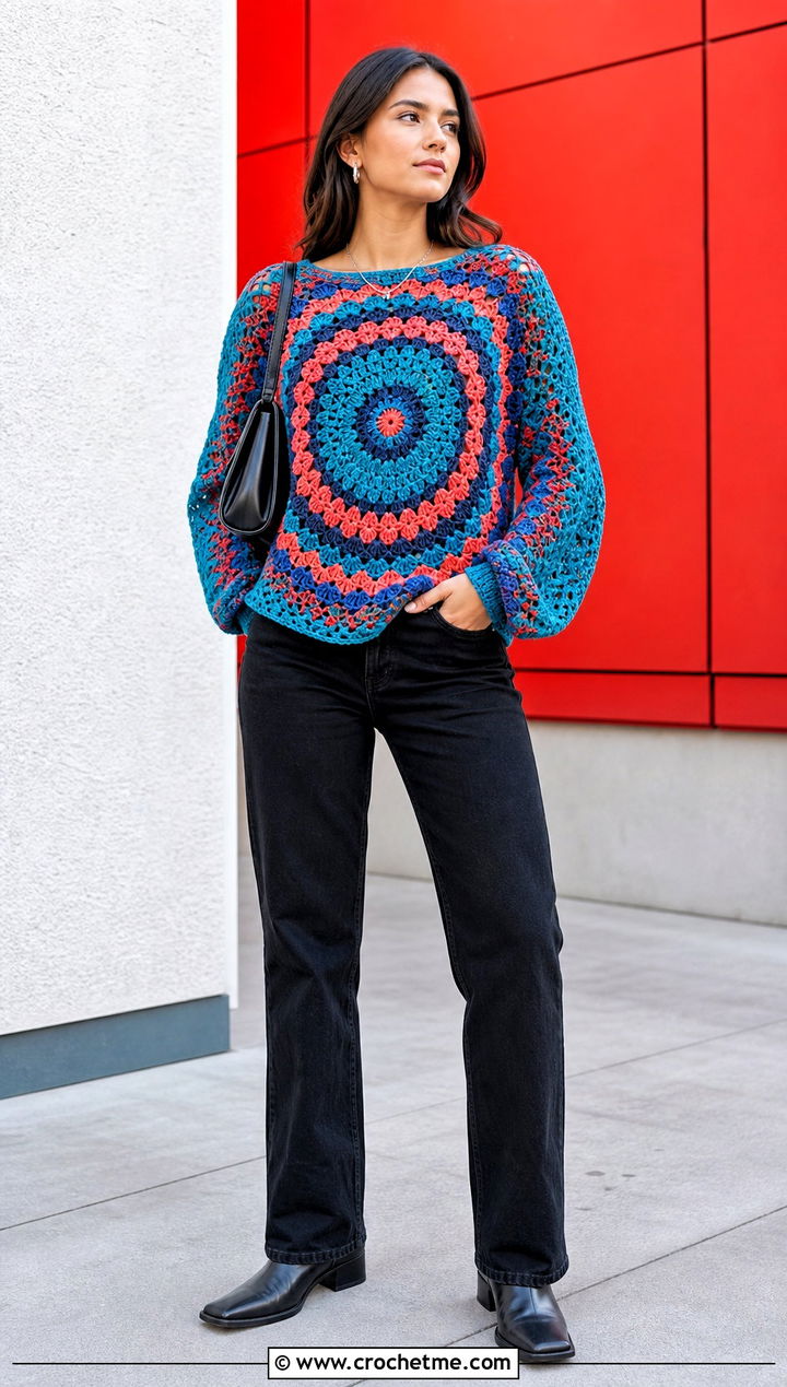 Mandala Crochet Sweater With Black Straight Jeans - 35 diy crochet sweater outfit ideas