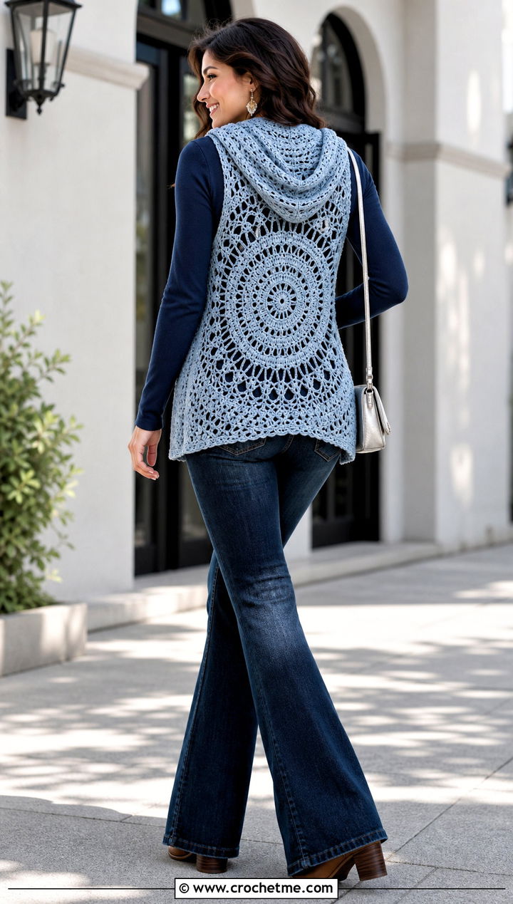 Mandala Crochet Vest With Hood And Flared Jeans - 30 crochet vest with hood outfit ideas