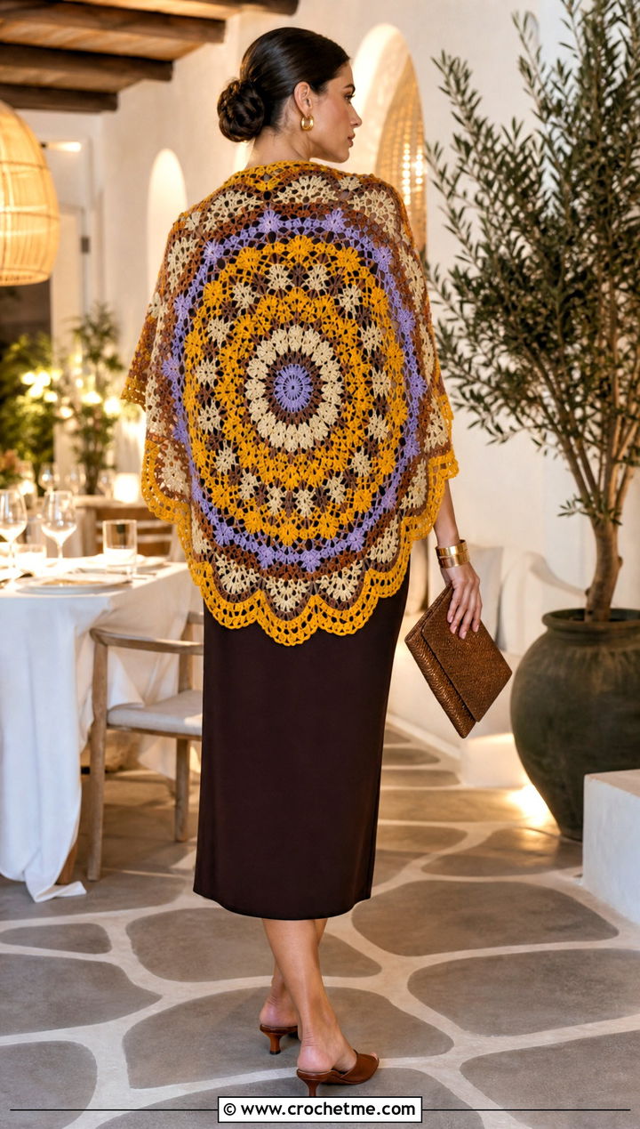 Mandala Crochet Wrap With A Column Dress - 30 crochet summer wrap outfit ideas