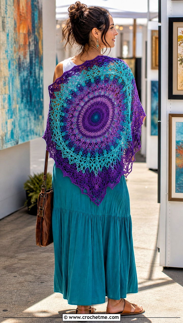 Mandala Lace Shawl With Maxi Skirt - 25 Lacey Crochet Shawls outfit ideas