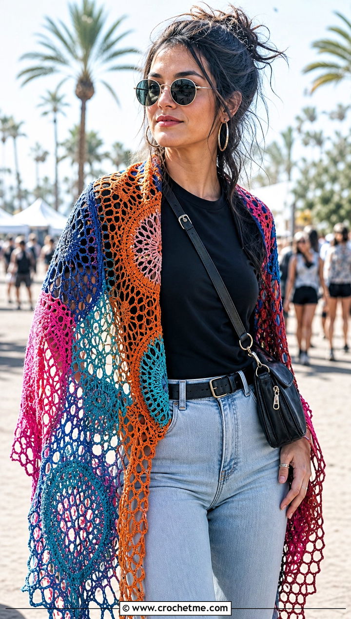 Mandala Mesh Triangle Shawl With Festival Outfit - 30 Crochet Mesh Triangle Shawl outfit ideas
