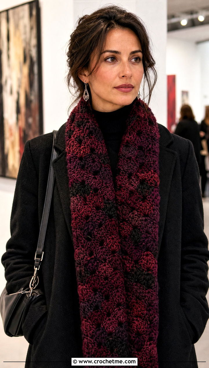 Mandala Yarn Alpine Stitch Scarf With Monochrome Outfit - 15 Mandala Yarn Crochet Scarf outfit ideas