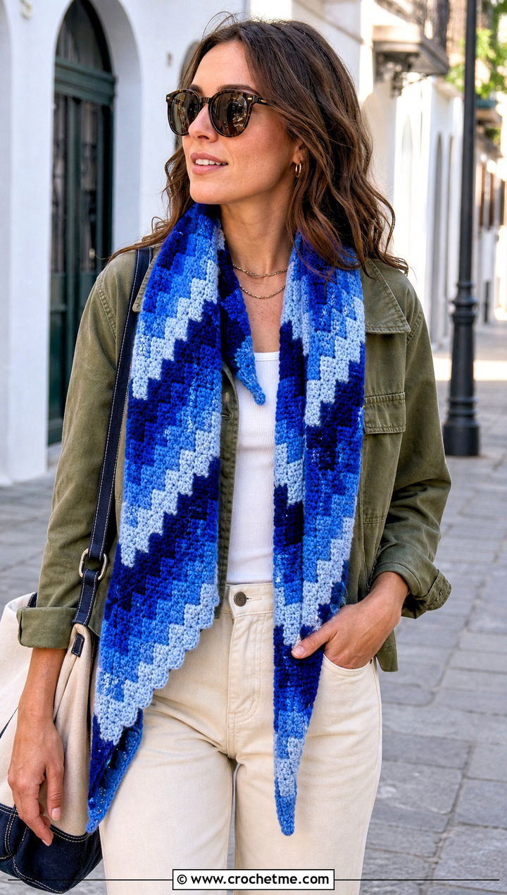 Mandala Yarn C C Diagonal Scarf With Utility Jacket - 15 Mandala Yarn Crochet Scarf outfit ideas