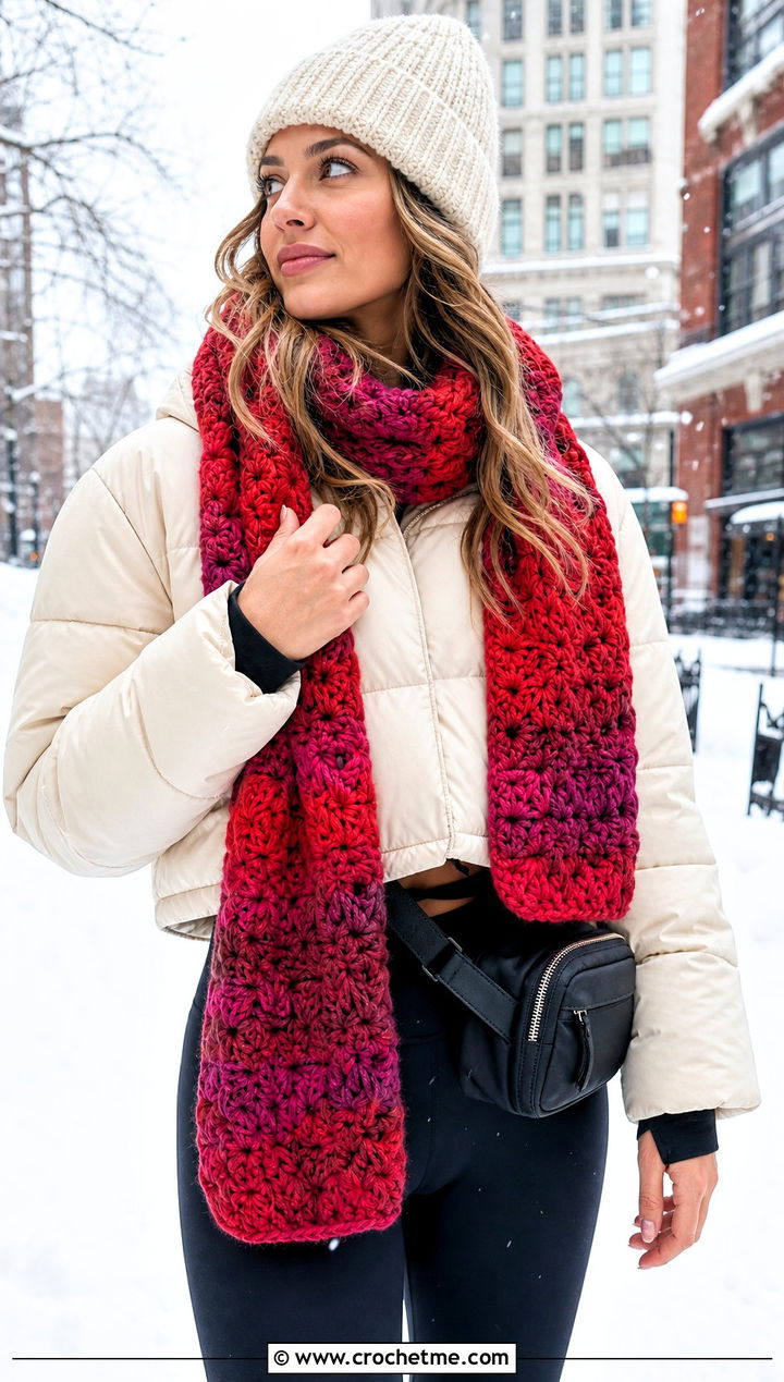 Mandala Yarn Chunky Scarf With Puffer Jacket - 15 Mandala Yarn Crochet Scarf outfit ideas