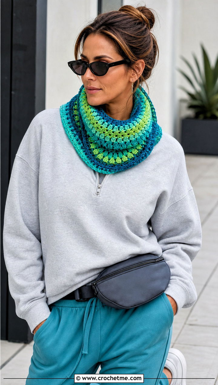 Mandala Yarn Cowl Scarf With Athleisure Set - 15 Mandala Yarn Crochet Scarf outfit ideas