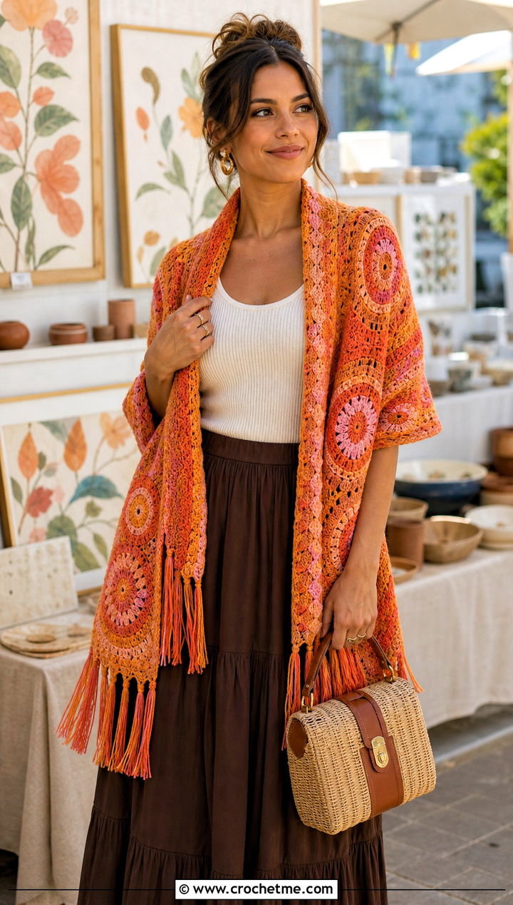 Mandala Yarn Fringed Scarf With Maxi Skirt - 15 Mandala Yarn Crochet Scarf outfit ideas