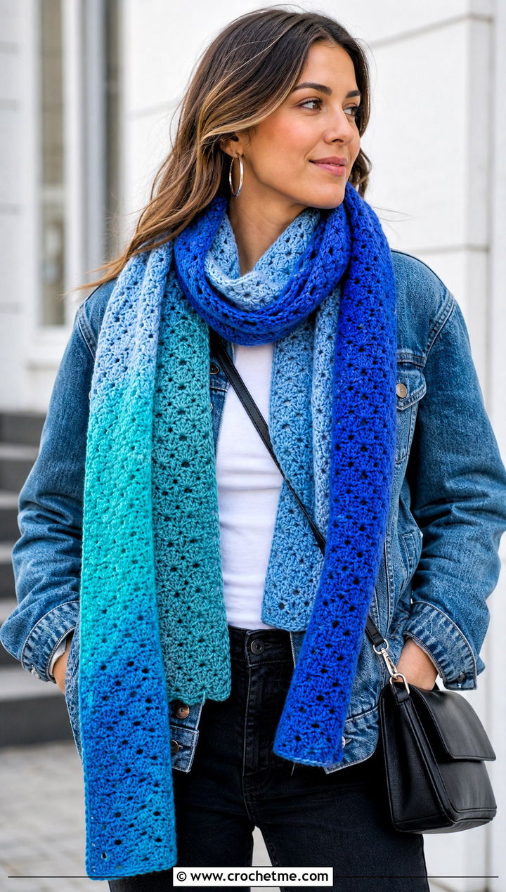 Mandala Yarn Gradient Scarf With Denim Jacket - 15 Mandala Yarn Crochet Scarf outfit ideas