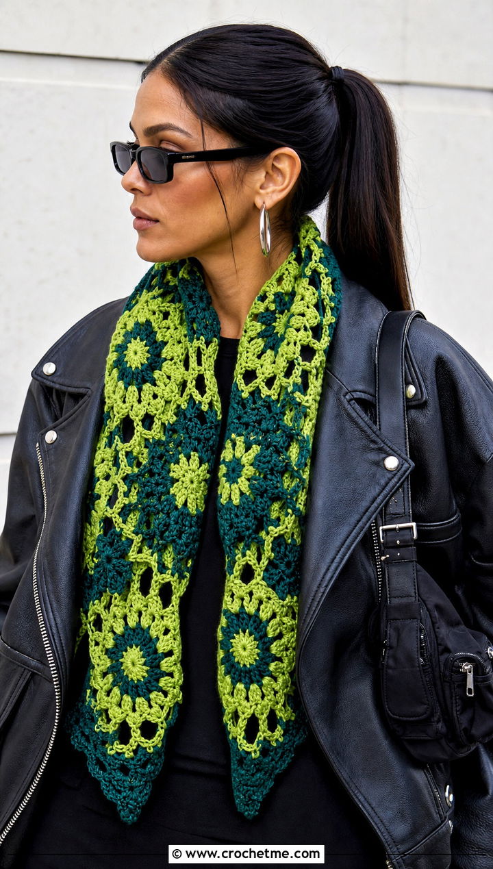 Mandala Yarn Granny Stitch Scarf With Leather Jacket - 15 Mandala Yarn Crochet Scarf outfit ideas