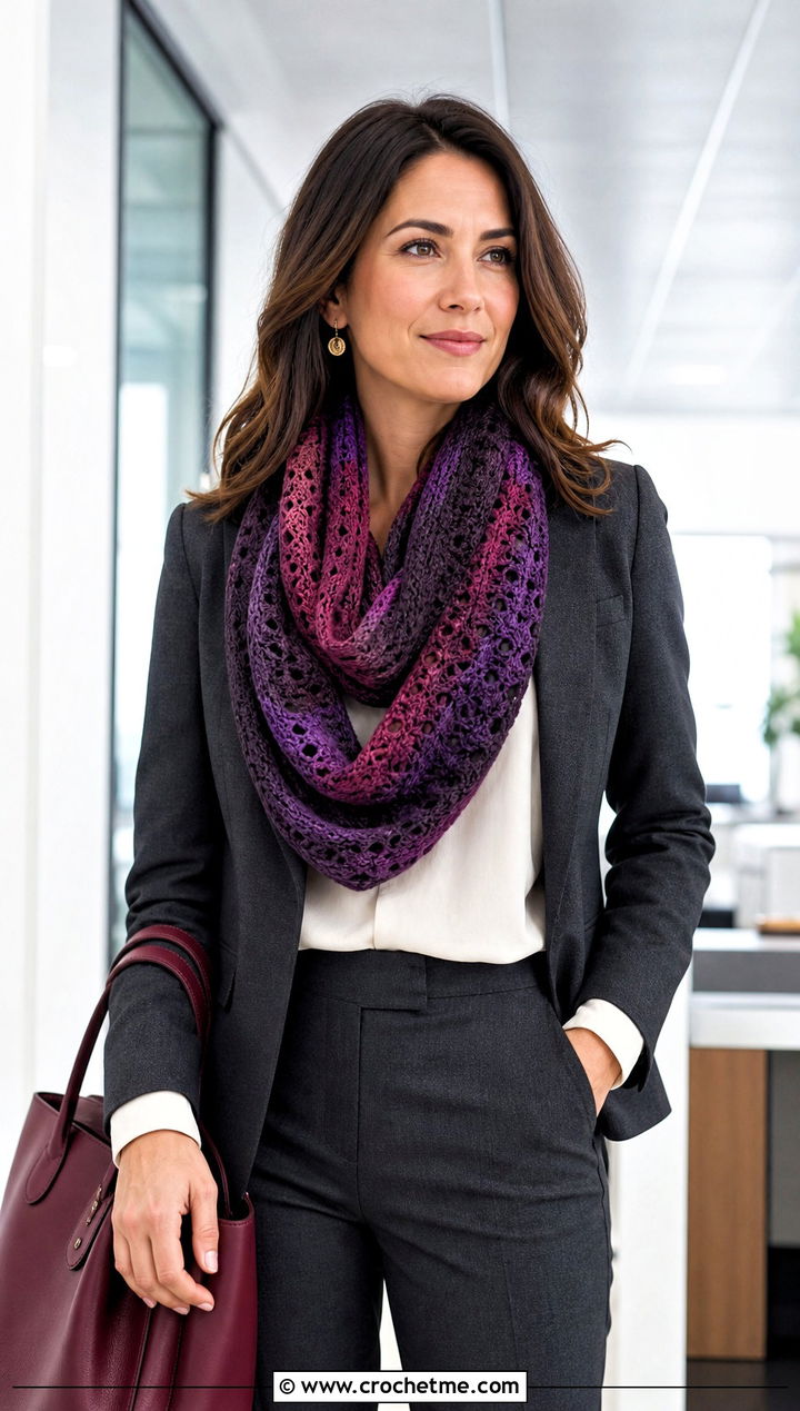 Mandala Yarn Infinity Scarf With Blazer - 15 Mandala Yarn Crochet Scarf outfit ideas