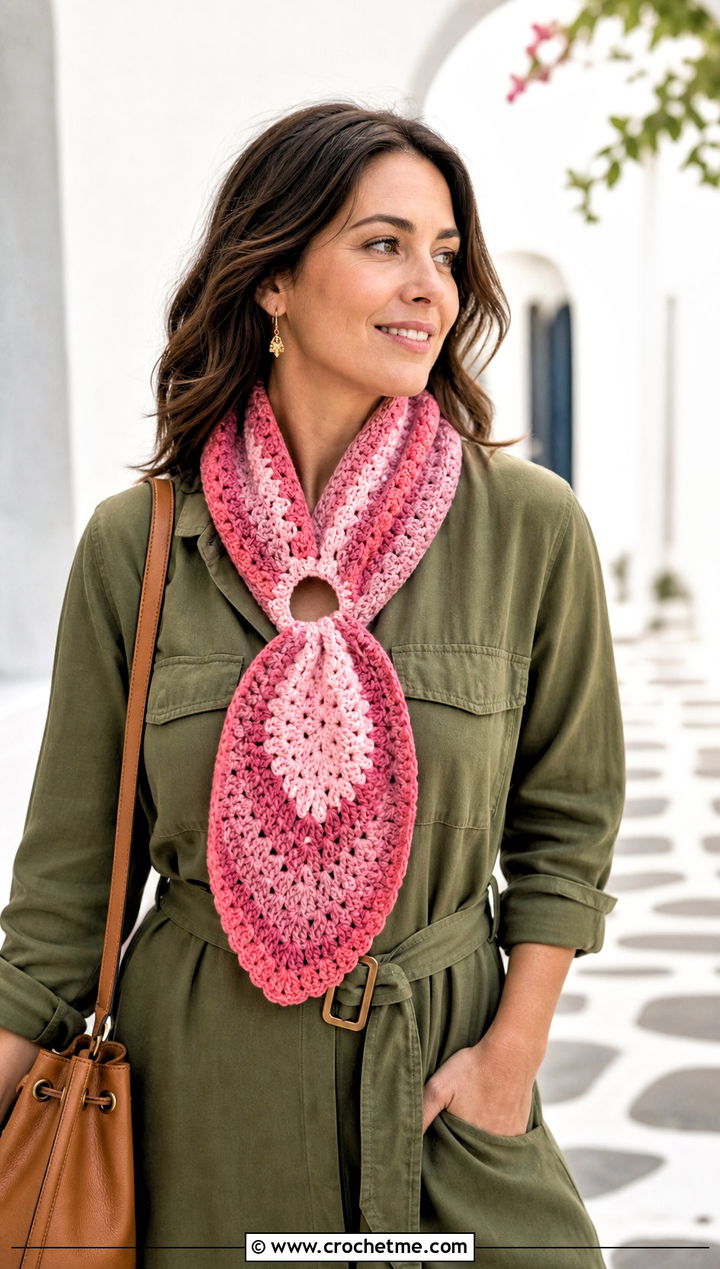 Mandala Yarn Keyhole Scarf With Shirt Dress - 15 Mandala Yarn Crochet Scarf outfit ideas
