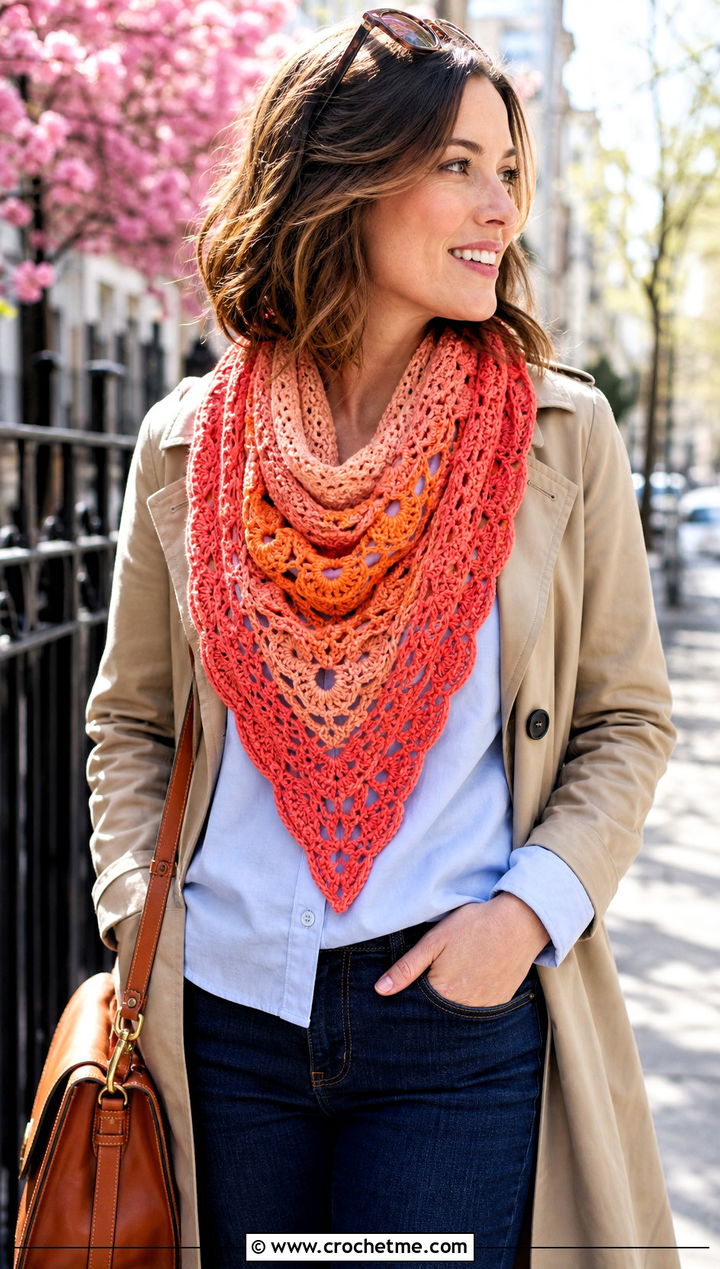 Mandala Yarn Triangle Scarf With Trench Coat - 15 Mandala Yarn Crochet Scarf outfit ideas