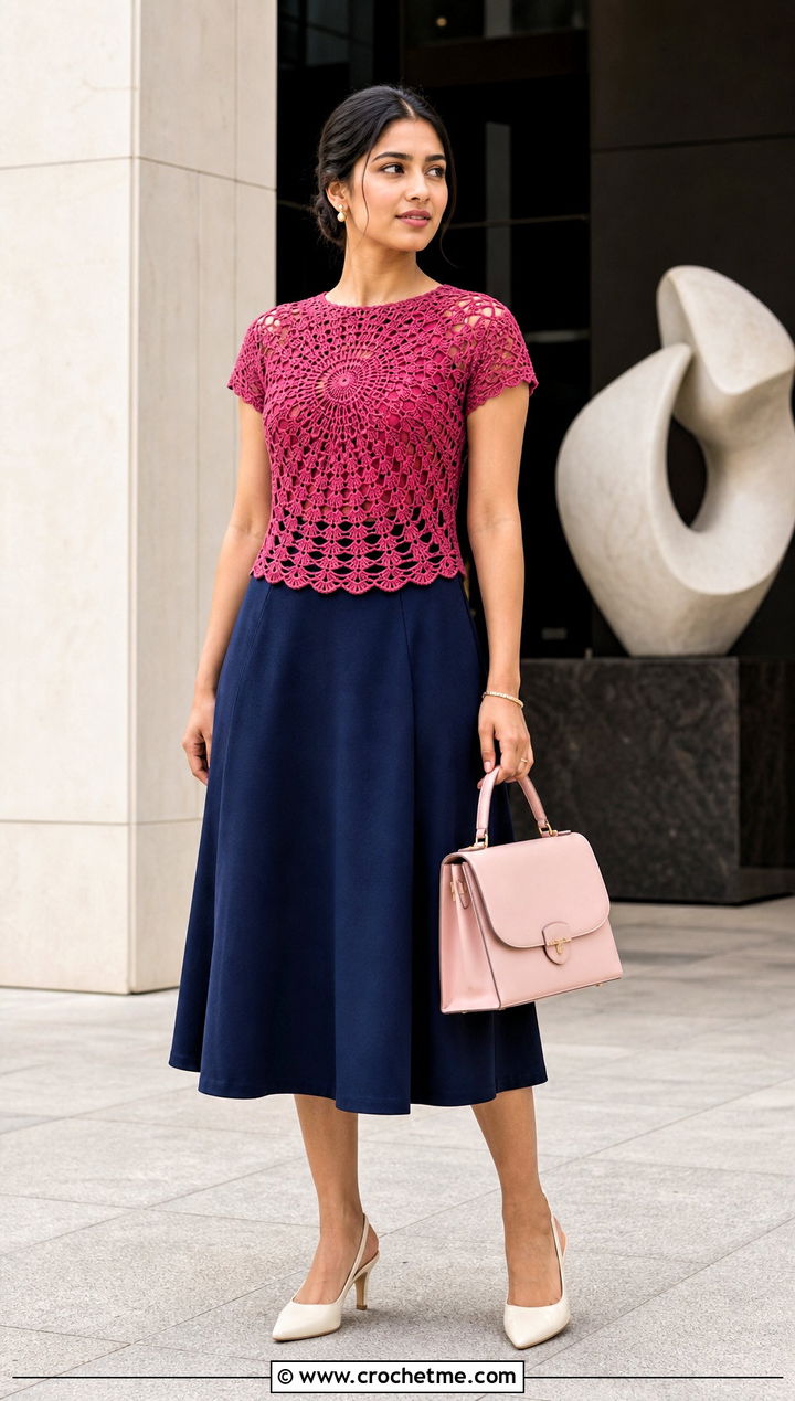 Mandala Yoke Crochet Thread Top With A Line Skirt - 35 crochet thread top outfit ideas