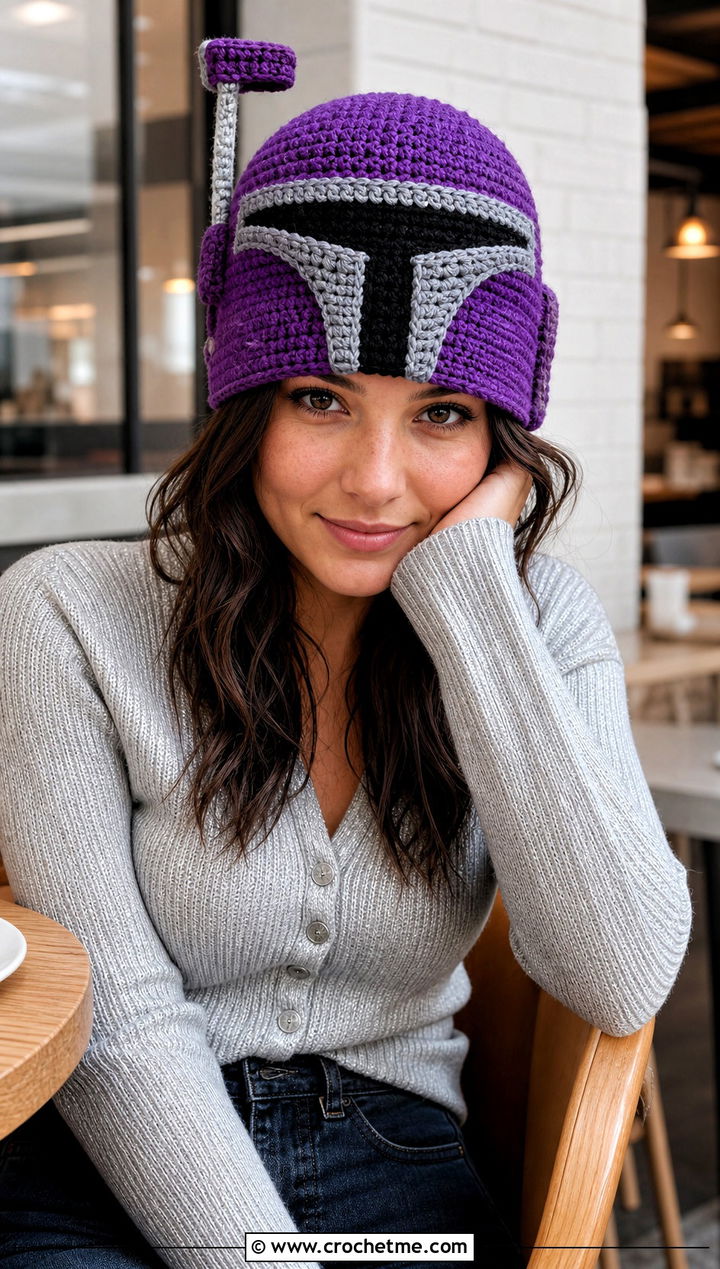 Mandalorian Crochet Helmet Beanie With Denim Maxi Skirt - 30 crochet star wars hat outfit ideas