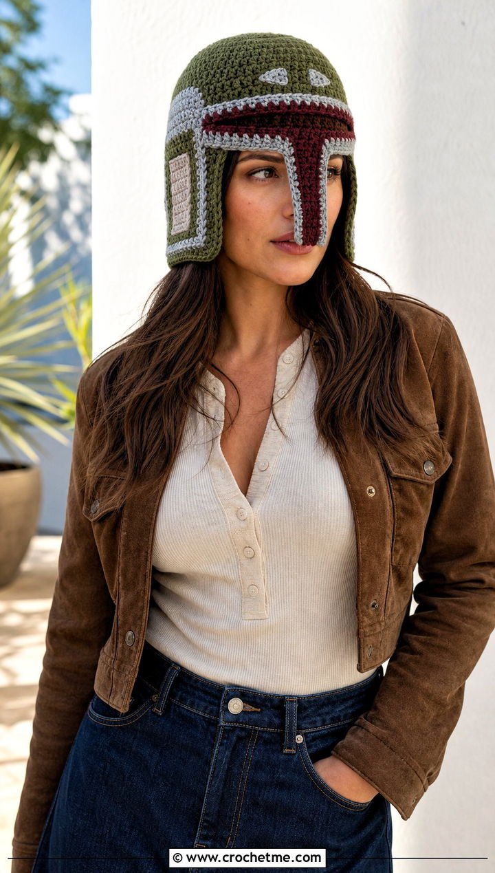 Mandalorian Helmet Hat With Denim Maxi Skirt - 15 Star Wars Crochet Hat outfit ideas