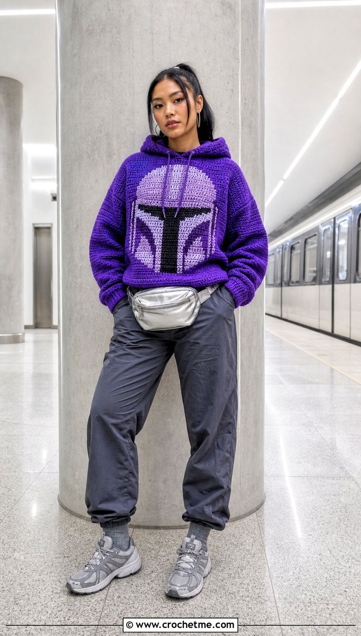 Mandalorian Hooded Crochet Sweater With Parachute Pants - 20 Star Wars Crochet Sweater outfit ideas