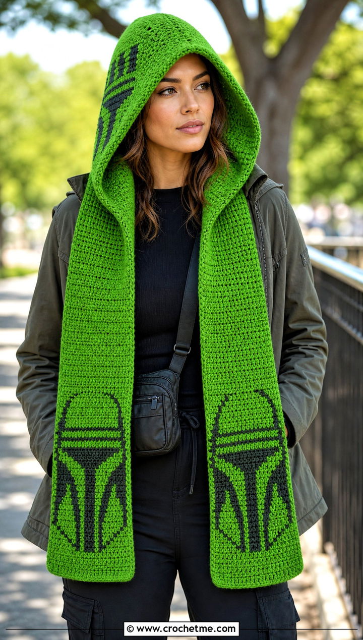 Mandalorian Hooded Scarf With Cargo Pants - 15 Crochet Star Wars Scarf outfit ideas