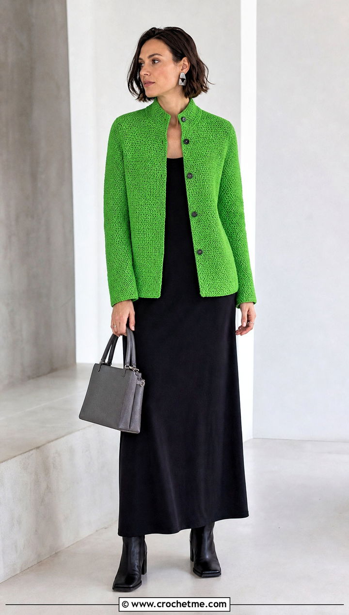 Mandarin Collar Crochet Jacket With Column Maxi Dress - 25 Crochet Jacket With Collar outfit ideas