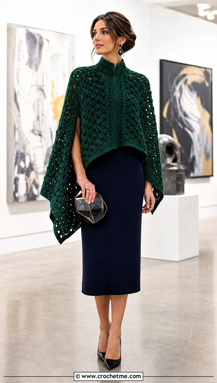 Mandarin Collar Crochet Poncho With Column Dress - 25 Crochet Poncho With Collar outfit ideas