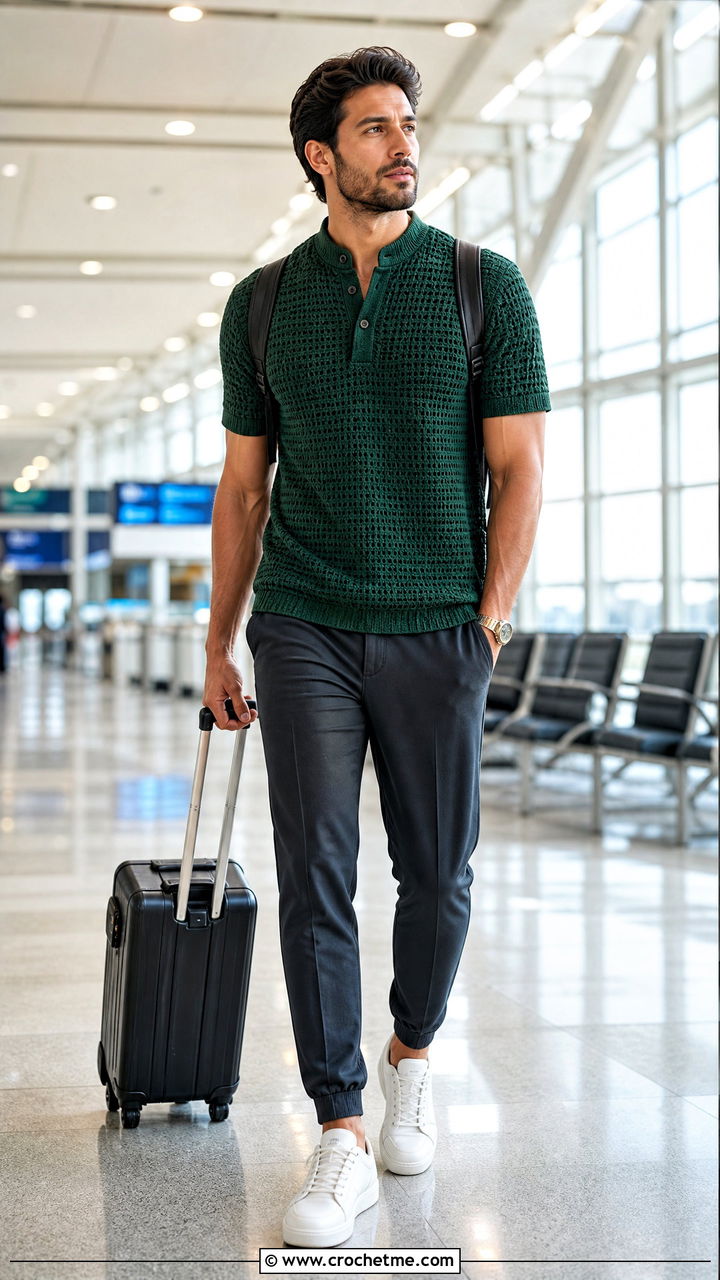 Mandarin Collar Crochet Shirt With Tailored Joggers - 35 crochet male shirt outfit ideas
