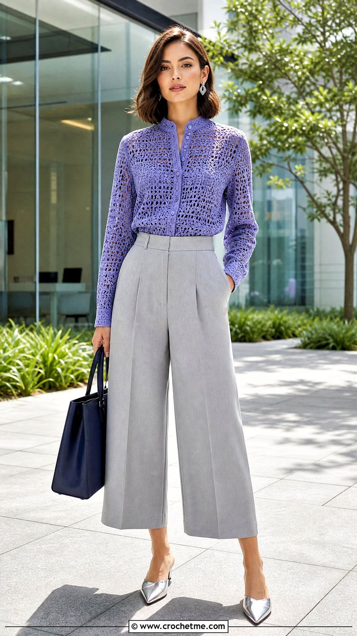 Mandarin Collar Crochet Shirt With Wide Leg Culottes - 35 crochet shirts outfit ideas