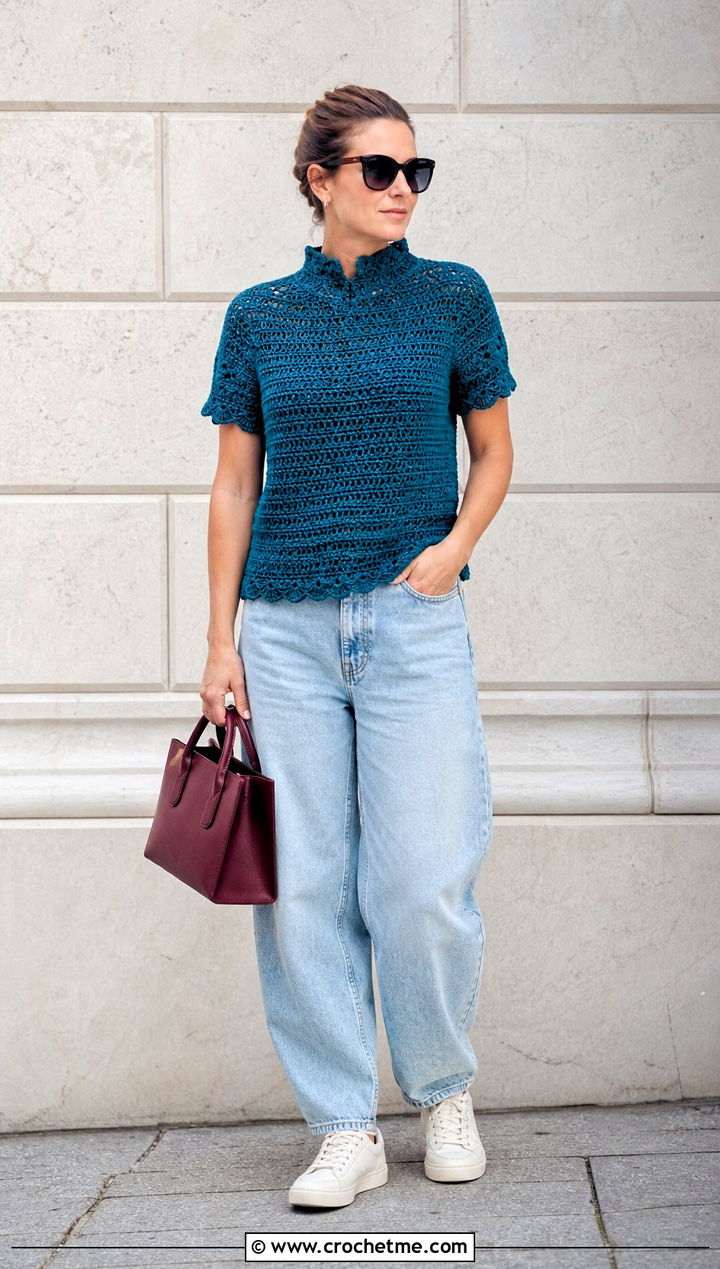 Mandarin Collar Crochet Top With Barrel Jeans - 25 Crochet Collar Top outfit ideas