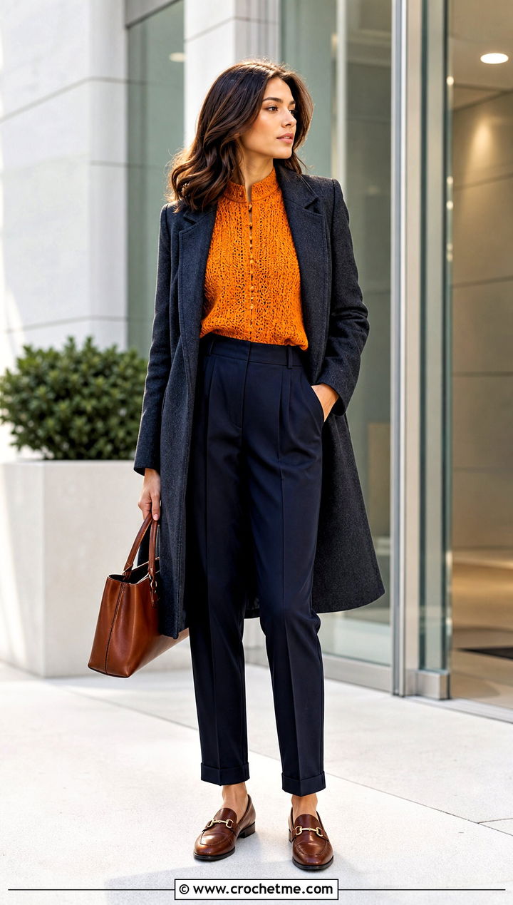 Mandarin Collar Crochet Top With Pleated Pants - 35 winter crochet top outfit ideas