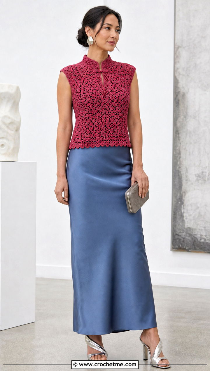 Mandarin Collar Crochet Vest With Column Skirt - 25 crochet vest with collar outfit ideas