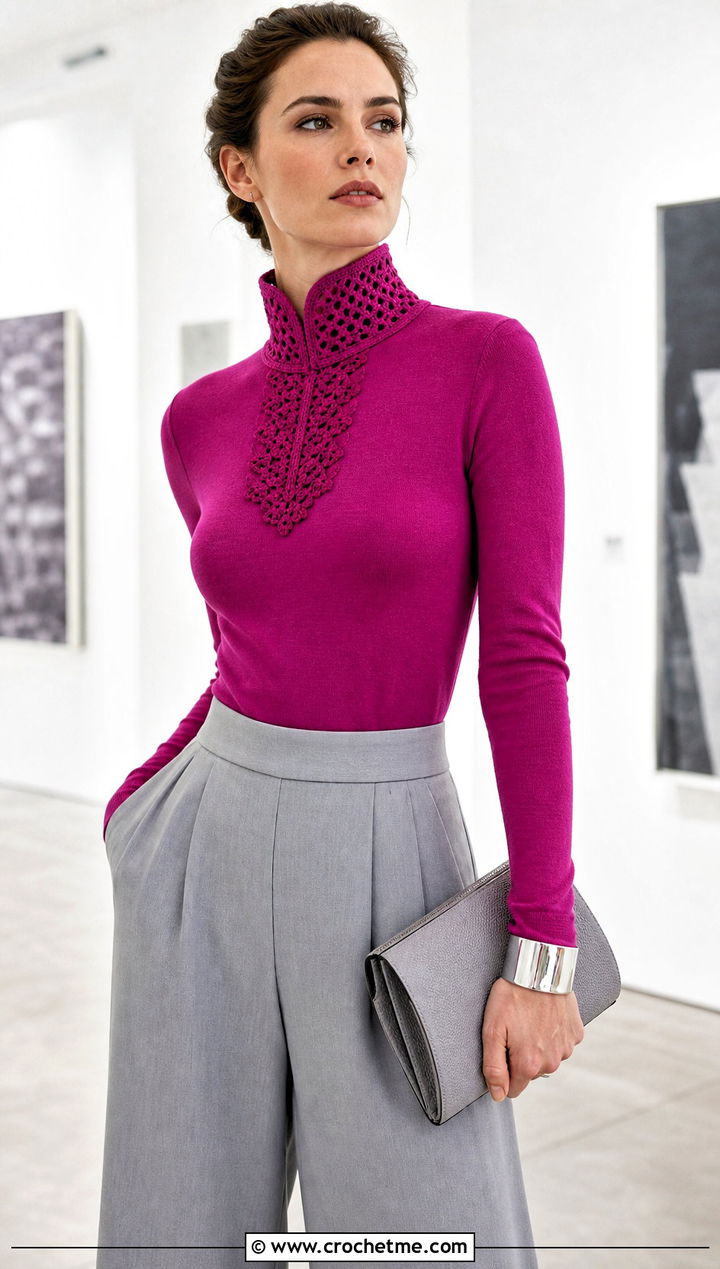 Mandarin Crocheted Collar With Minimalist Monochrome Outfit - 15 Crocheted Collars outfit ideas
