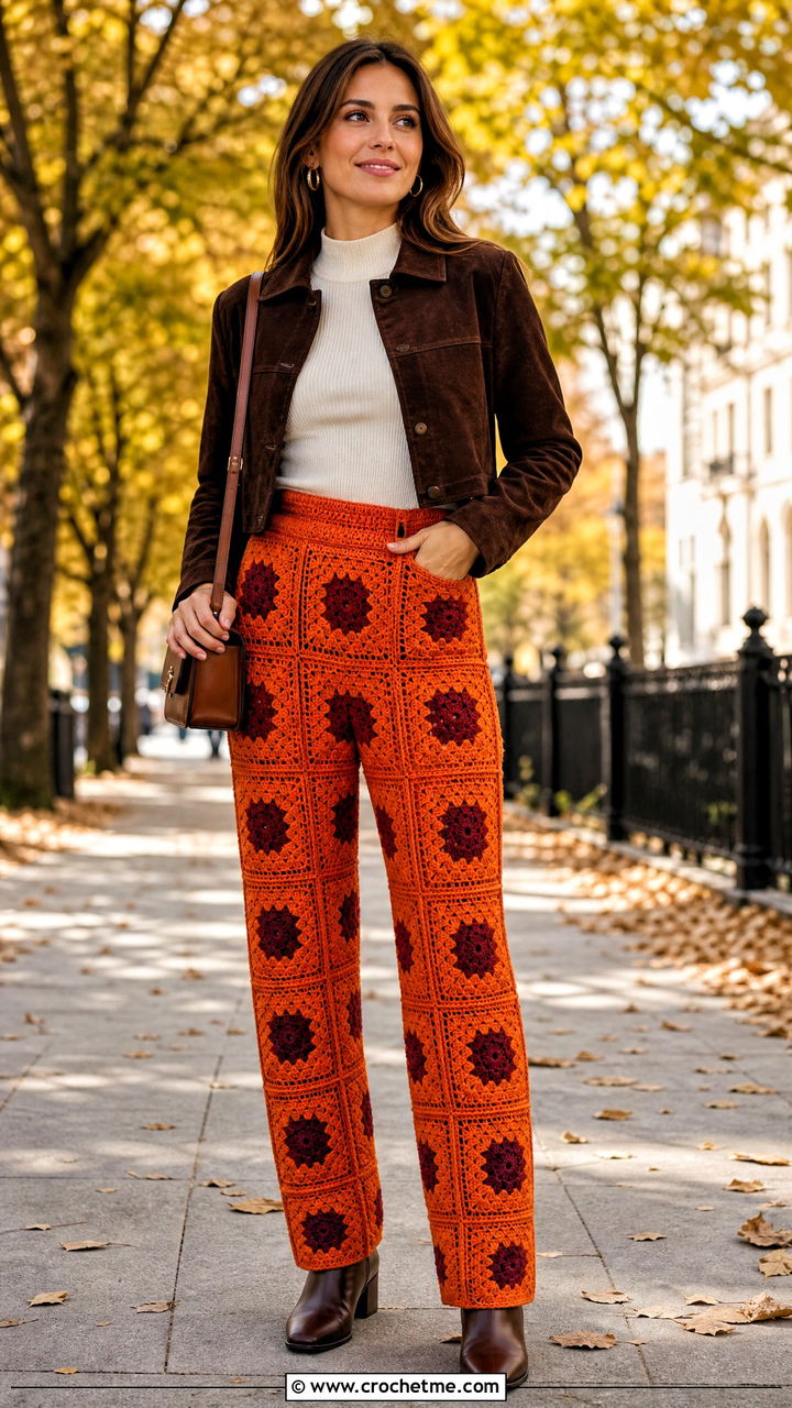 Mandarin Granny Square Straight Leg Pants With Suede Jacket And Ankle Boots - 35 crochet granny square pants outfit ideas