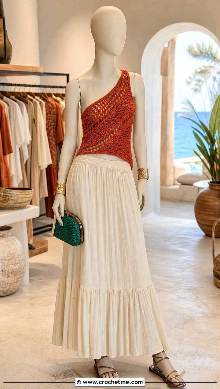 Mandarin One Shoulder Crochet Top With Cream Maxi Skirt - 15 orange crochet top on mannequin outfit ideas